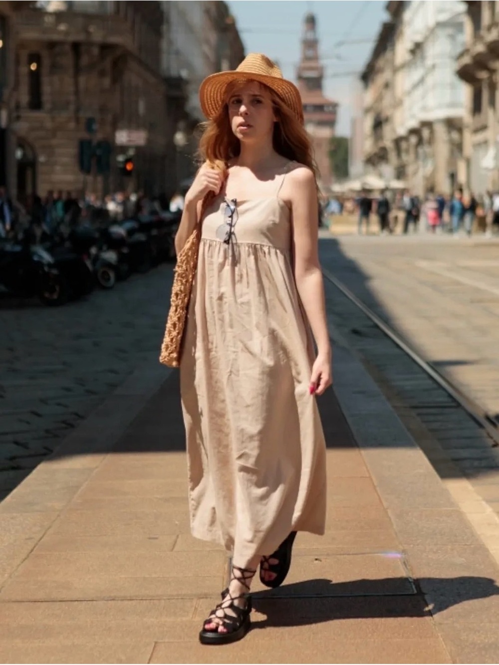 Uniqlo Midi Dress Medium Linen Blend Beige Sleeveless Pockets Tan